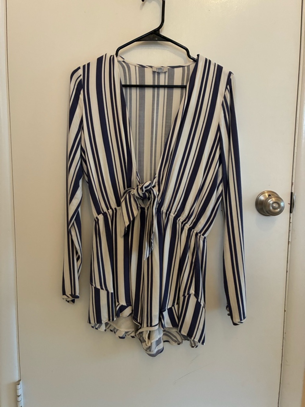 Striped Tie-Front Long Sleeve Women's Romper- Navy and White
